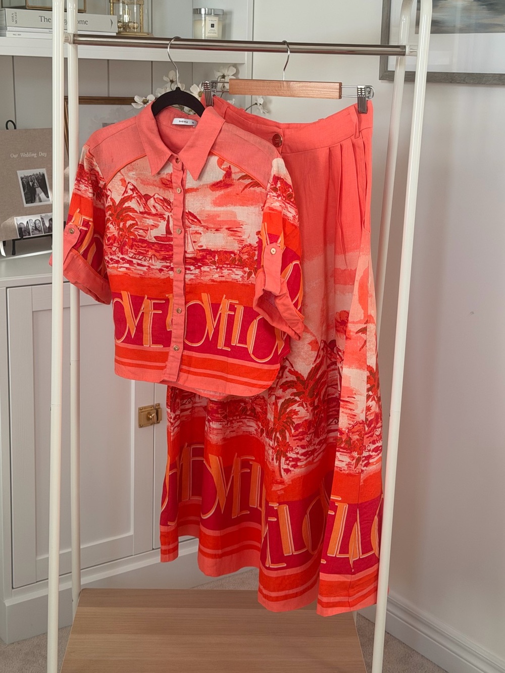 Sheike Coral and Pink Graphic Button-Up Top with Matching Skirt Set